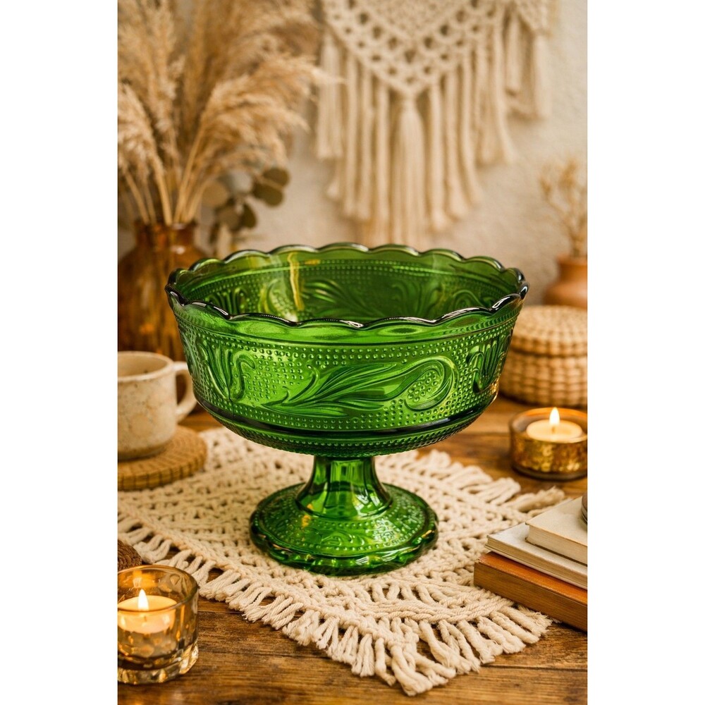 MCM 1950's E.O. Brody Co. M6000 Green Glass Candy Dish Compote/Pedestal Bowl VTG